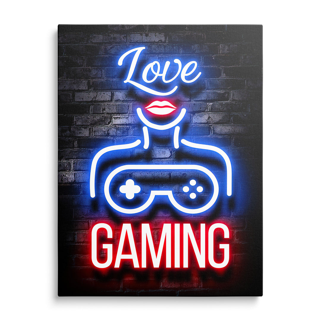 Neonový motiv Love Gaming s obrysem postavy a herním ovladačem