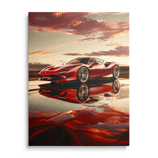 Červené Ferrari s odrazem na hladině pod oranžovou večerní oblohou