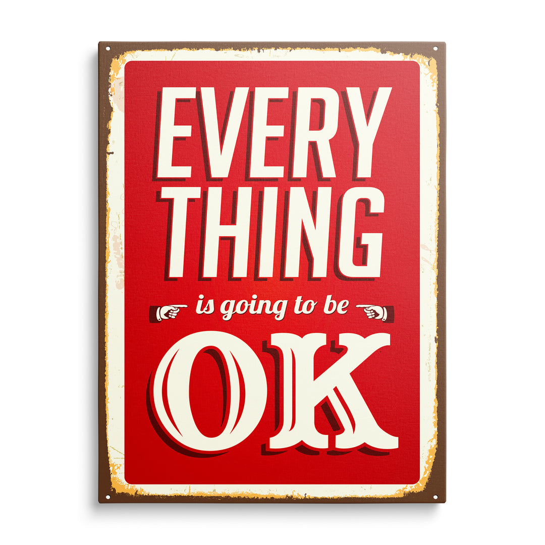 Červený retro obraz s krémovým nápisem Everything Is Going to Be OK
