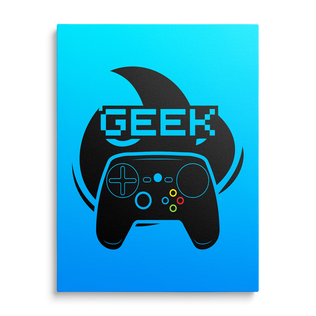 Černá stylizovaná tvář s ovladačem a nápisem Geek na modrém pozadí