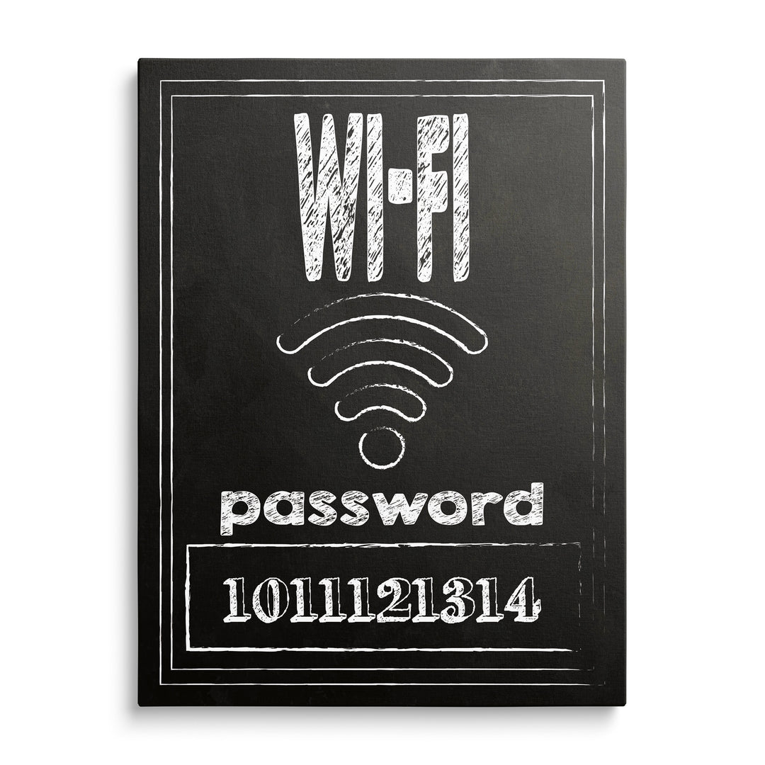 Bílý nápis Wi-Fi se symbolem signálu a řádkem password na černém podkladu
