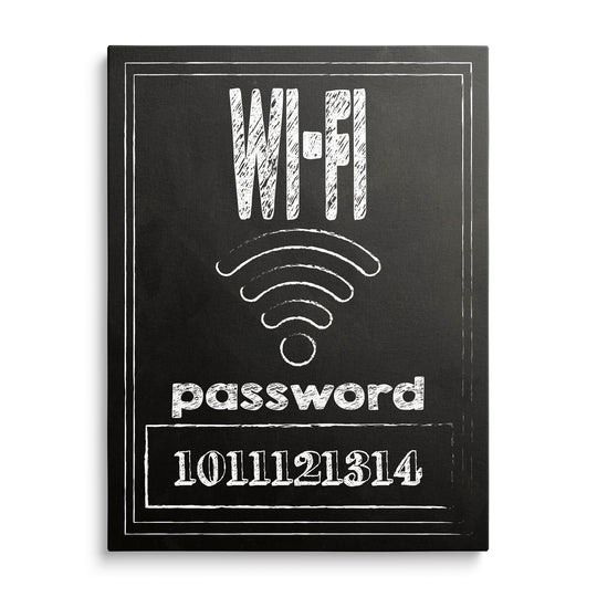 Bílý nápis Wi-Fi se symbolem signálu a řádkem password na černém podkladu