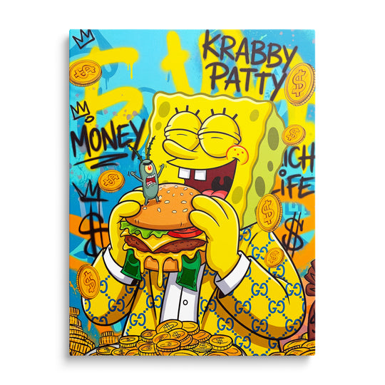 SpongeBob s burgerem a Planktonem na modrožlutém graffiti pozadí