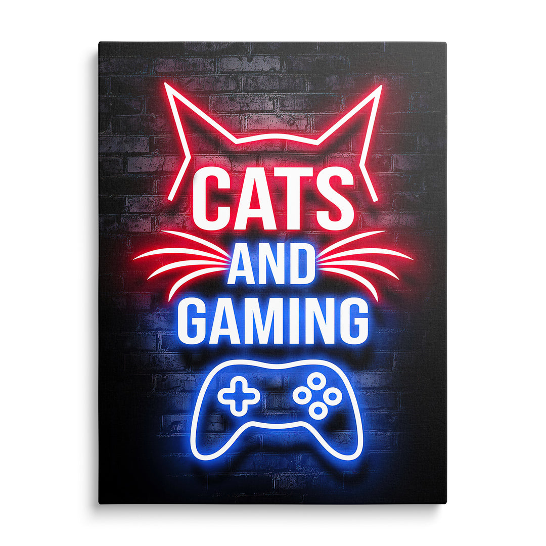 Červený neonový obrys kočky s modrým nápisem Cats and Gaming a ovladačem
