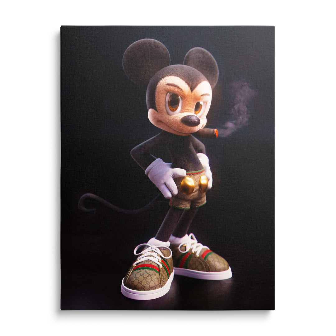 Tmavá postava Mickey Mouse s doutníkem a zlatými detaily
