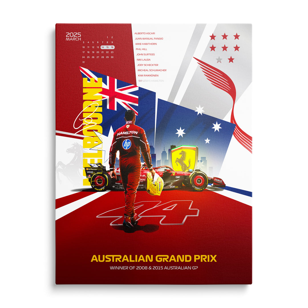Jezdec Hamilton s číslem 44 a Ferrari v koláži Australian Grand Prix