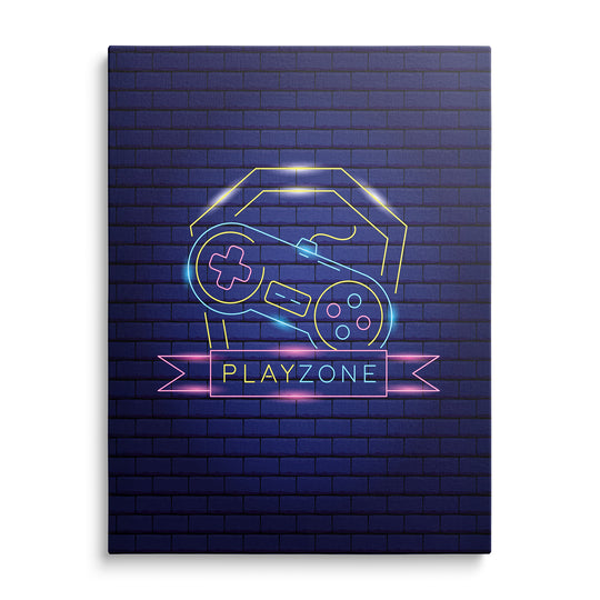 Neonový ovladač s obrysem arkádového automatu a nápisem Playzone