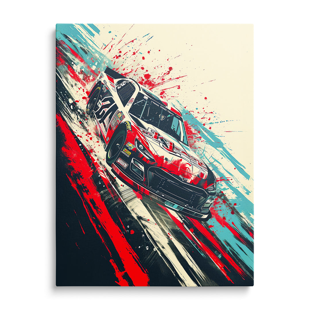 Závodní vůz NASCAR mezi červenými a tyrkysovými tahy barvy
