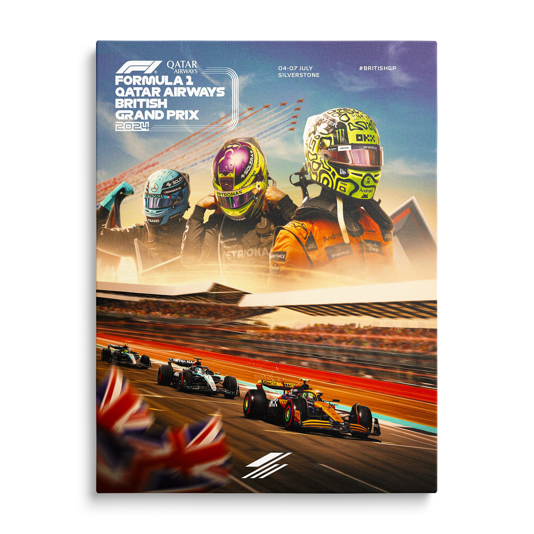 Portréty závodníků v helmách a vozy Formule 1 na obraze British Grand Prix