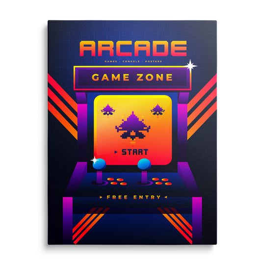 Arkádový automat s pixelovými vetřelci a nápisy Arcade a Game Zone