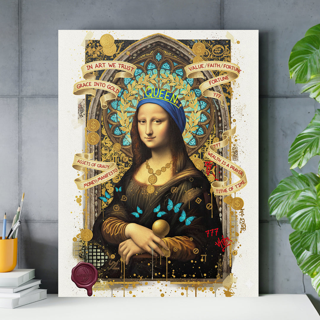 Pop art obraz Mona Lisa v interiérovém mockupu u stolu