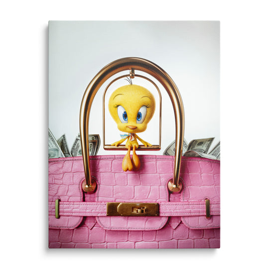 Žlutý Tweety sedící na uchu růžové kabelky s bankovkami