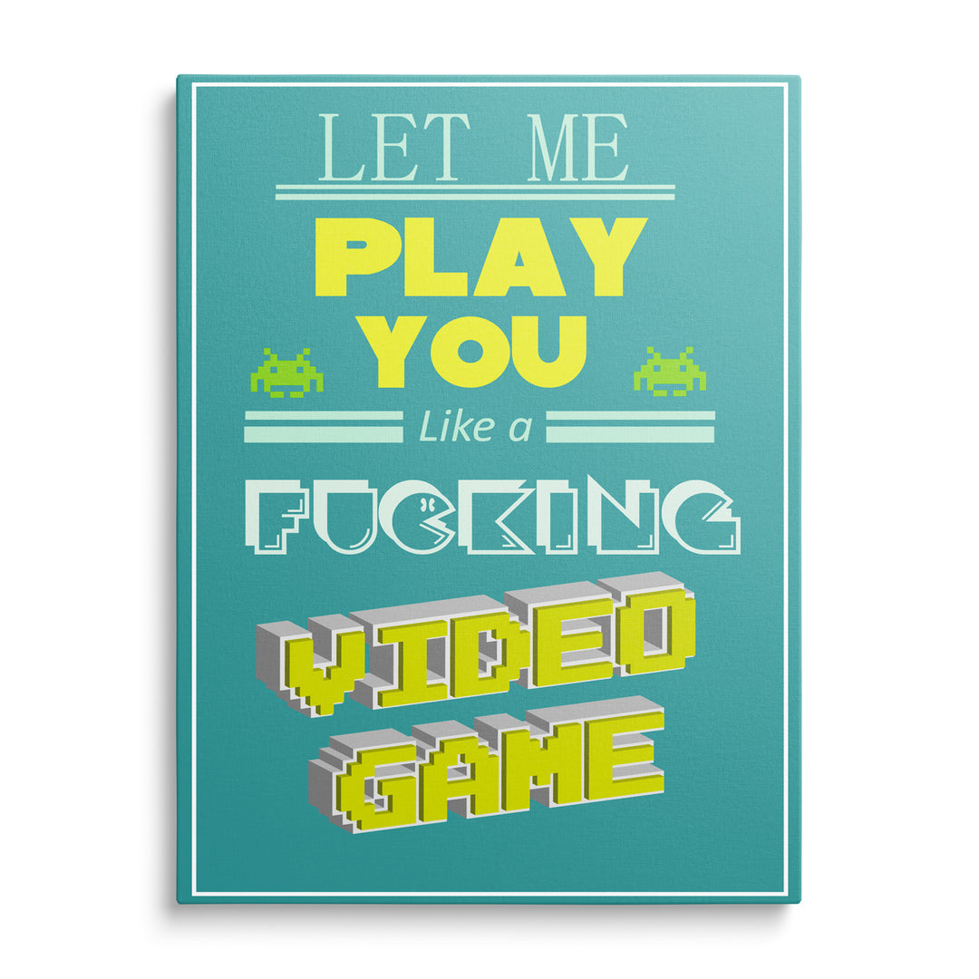Herní nápis Let Me Play s pixelovým písmem na tyrkysovém pozadí