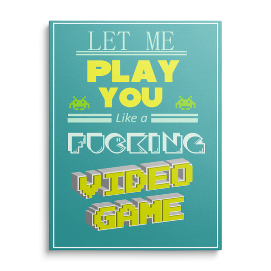 Herní nápis Let Me Play s pixelovým písmem na tyrkysovém pozadí