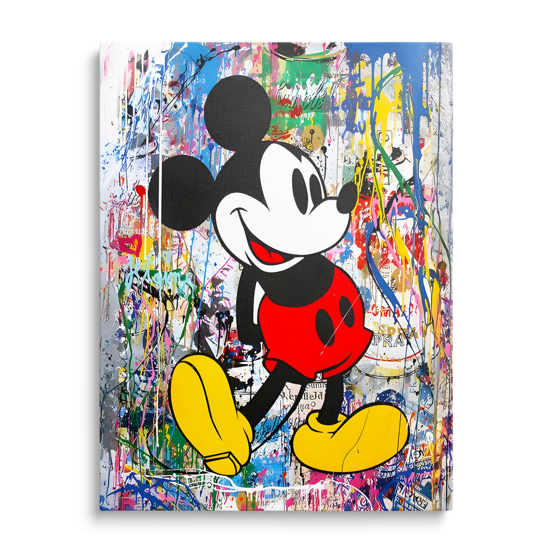 Silueta Mickey Mouse na pestrém pozadí z cákanců barvy