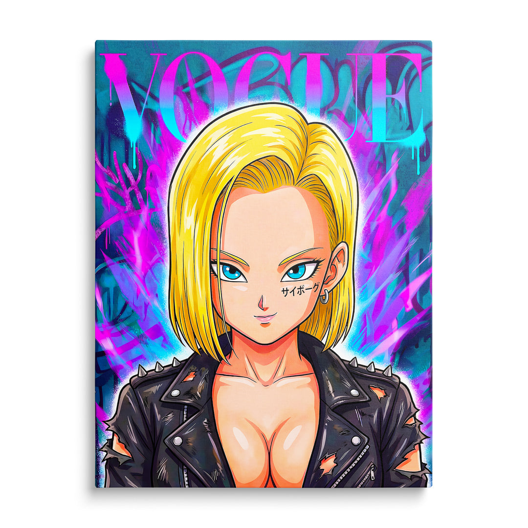 Android 18 v černé bundě na růžovomodré obálce Vogue