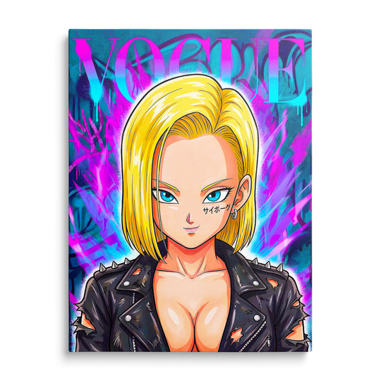 Android 18 v černé bundě na růžovomodré obálce Vogue