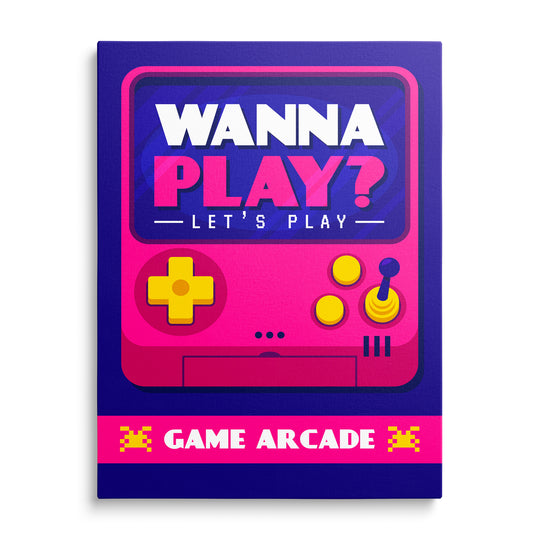 Růžový herní ovladač s nápisem Wanna Play? v retro grafice