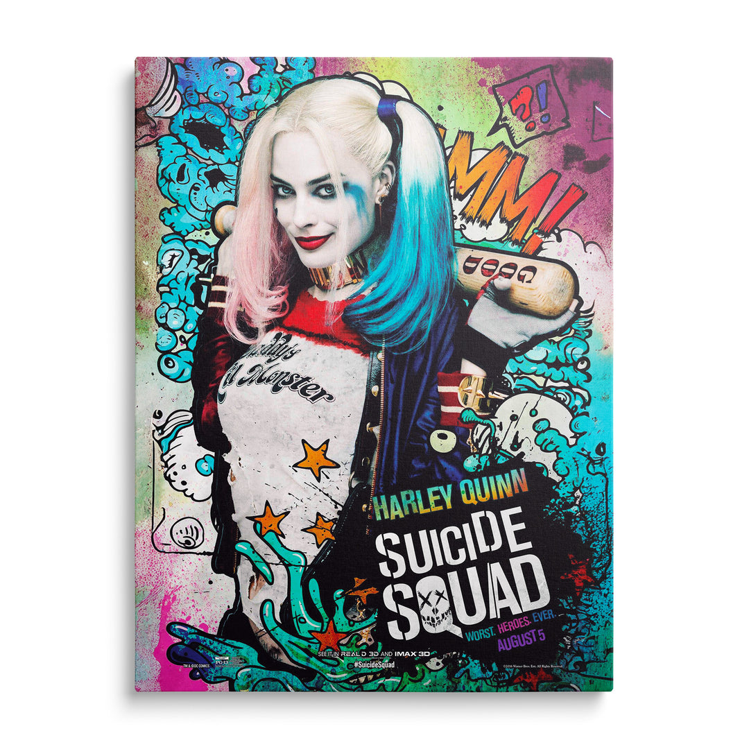 Harley Quinn s pálkou na barevném graffiti obrazu Suicide Squad