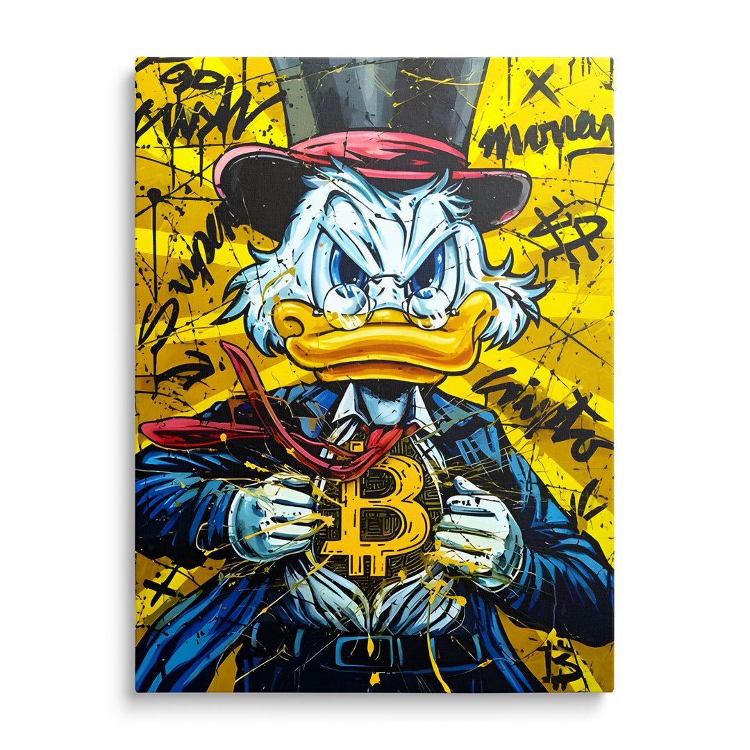 Kačer Skrblík se symbolem bitcoinu mezi žlutými a modrými cákanci