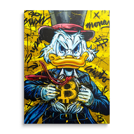 Kačer Skrblík se symbolem bitcoinu mezi žlutými a modrými cákanci