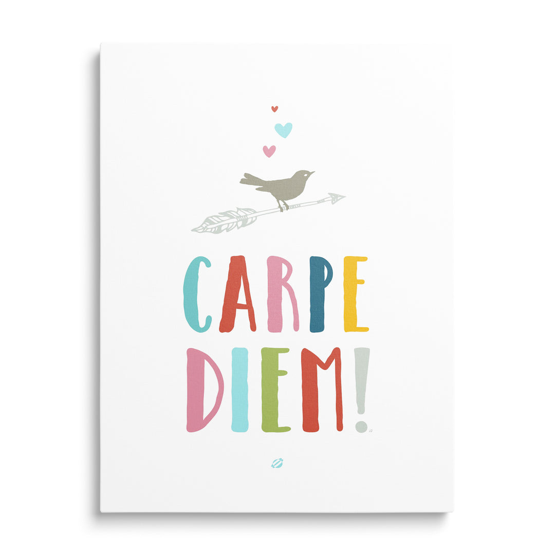 Barevný nápis Carpe Diem s ptáčkem a srdíčky na bílém pozadí