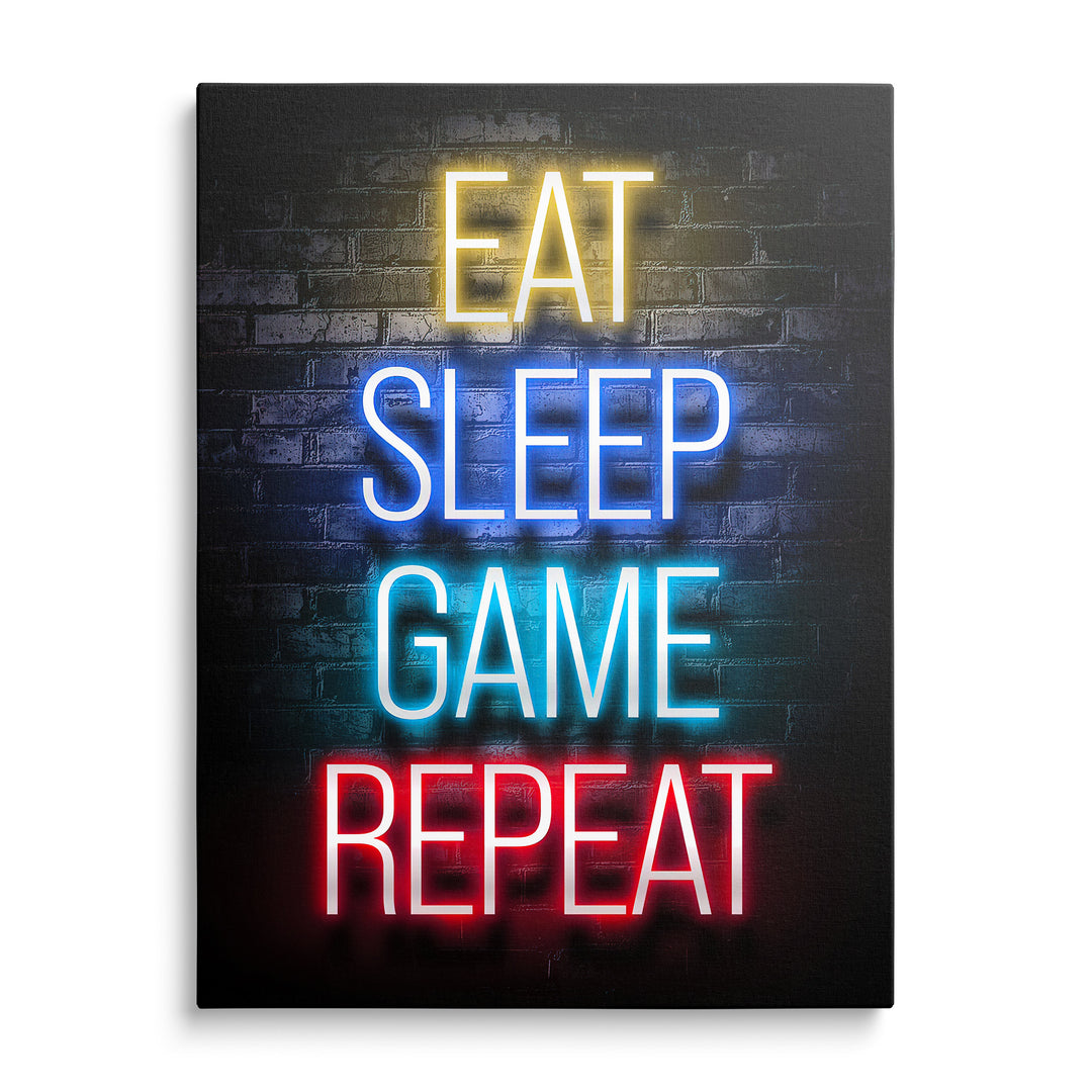 Barevný neonový nápis Eat Sleep Game Repeat na tmavé cihlové zdi