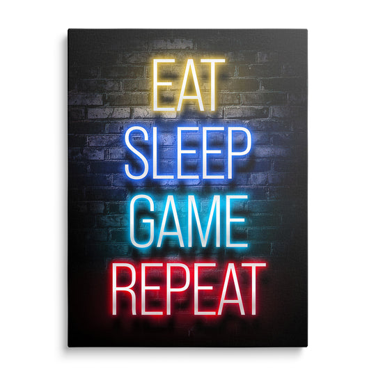 Barevný neonový nápis Eat Sleep Game Repeat na tmavé cihlové zdi
