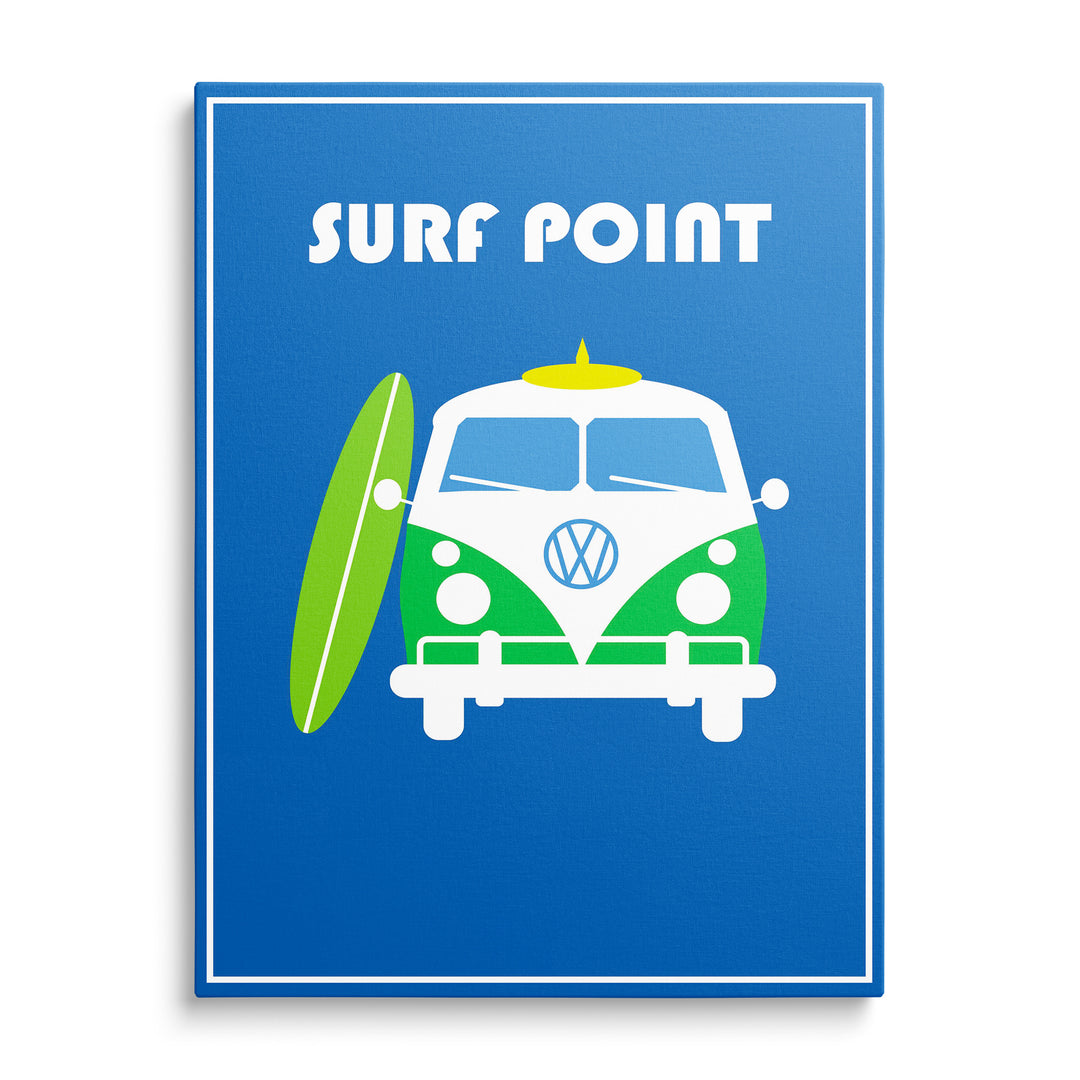 Bílá dodávka Volkswagen se zelenými detaily a nápisem Surf Point