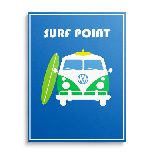 Bílá dodávka Volkswagen se zelenými detaily a nápisem Surf Point