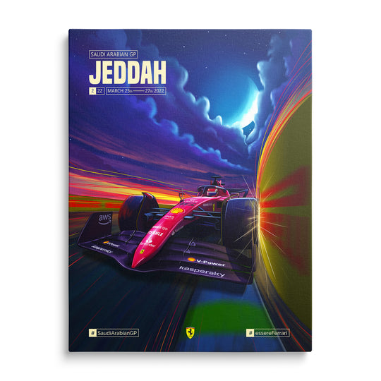 Červený monopost Formule 1 na noční trati v Jeddahu