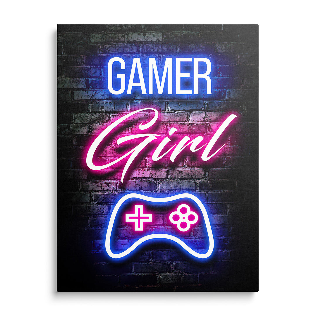 Modrorůžový neonový motiv Gamer Girl s ovladačem na tmavé zdi