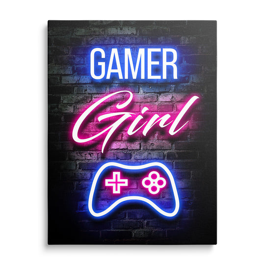 Modrorůžový neonový motiv Gamer Girl s ovladačem na tmavé zdi