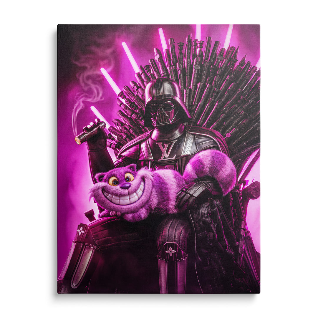 Darth Vader sedící na trůnu z mečů v purpurovém světle