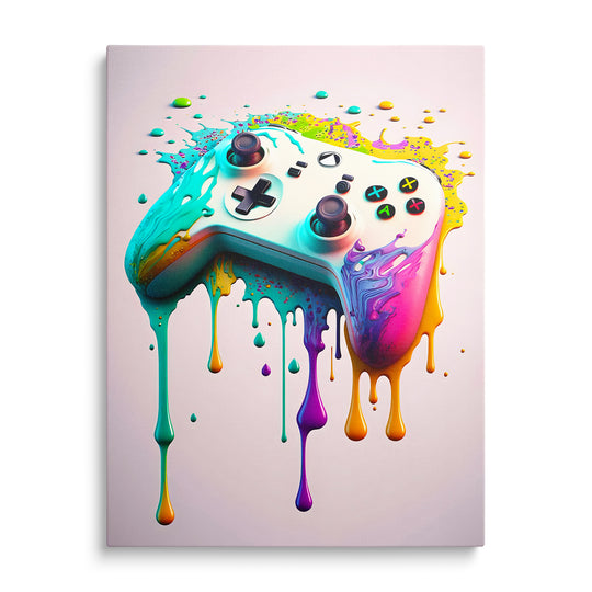 Bílý gamepad s tekutými tyrkysovými a růžovými barvami na růžovém pozadí