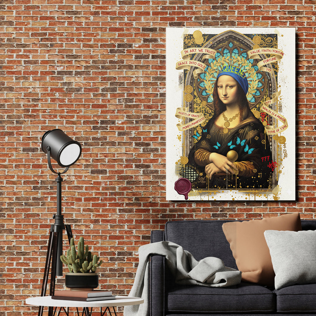 Pop art obraz Mona Lisa na cihlové stěně