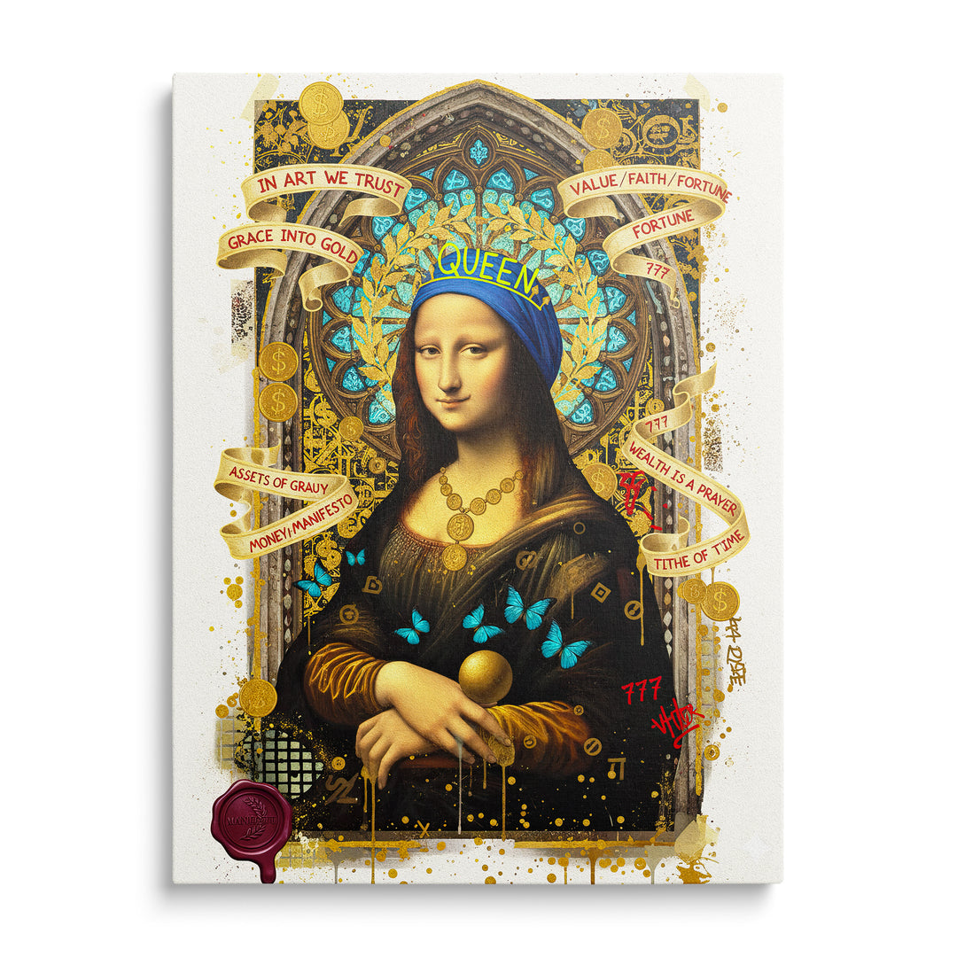 Mona Lisa se zlatými ornamenty a čelenkou s nápisem Queen