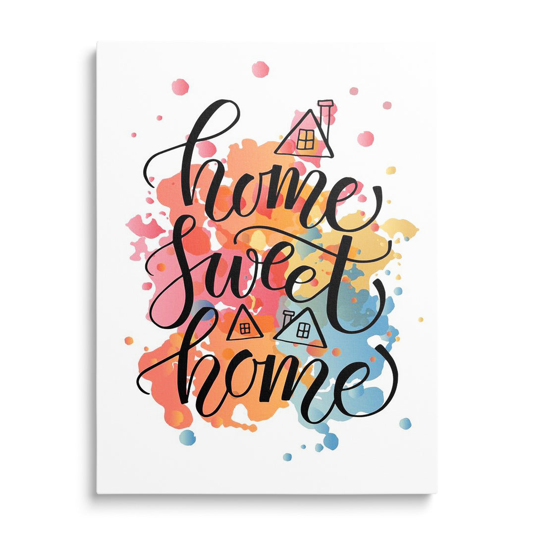 Rukopisný nápis Home Sweet Home s pastelovými skvrnami a domečky