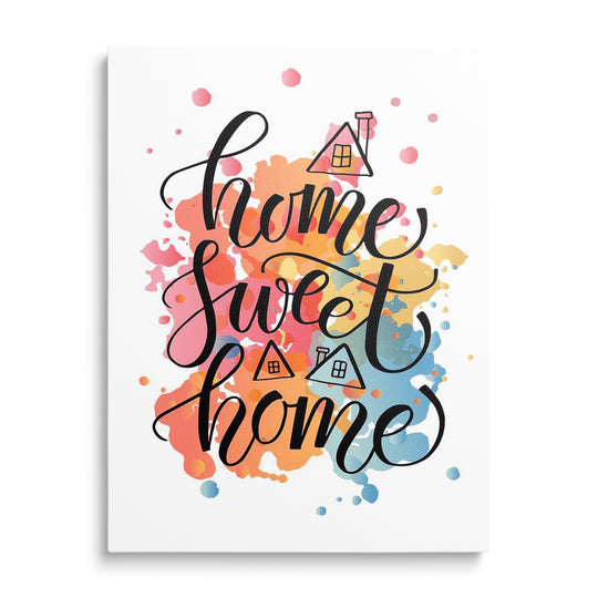 Rukopisný nápis Home Sweet Home s pastelovými skvrnami a domečky