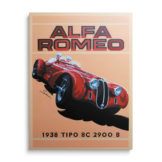 Červený závodní vůz Alfa Romeo na retro plakátu v broskvových tónech