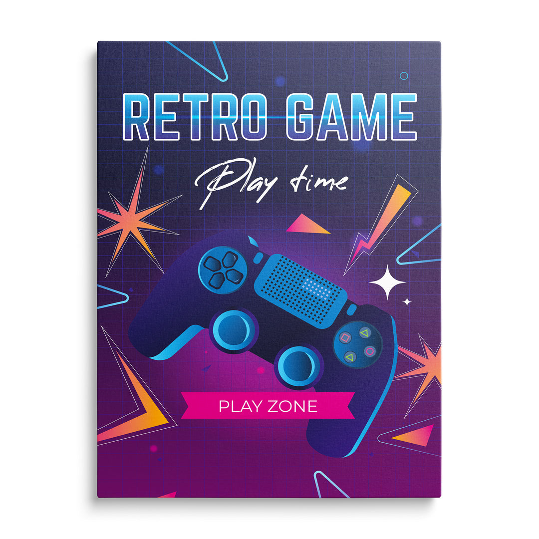 Modrý herní ovladač mezi oranžovými hvězdami a nápisem Retro Game