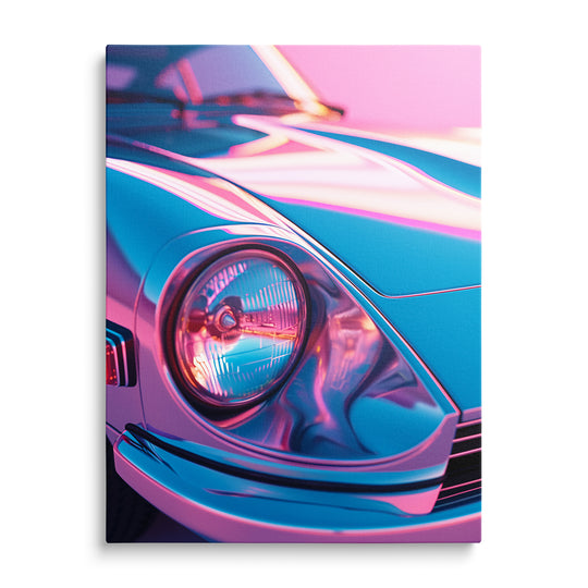 Detail předního světlometu Porsche v růžovomodrém neonovém světle