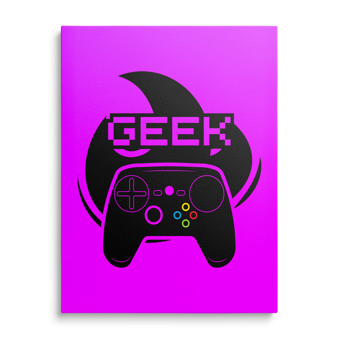 Černá stylizovaná tvář s ovladačem a nápisem Geek na fialovém pozadí