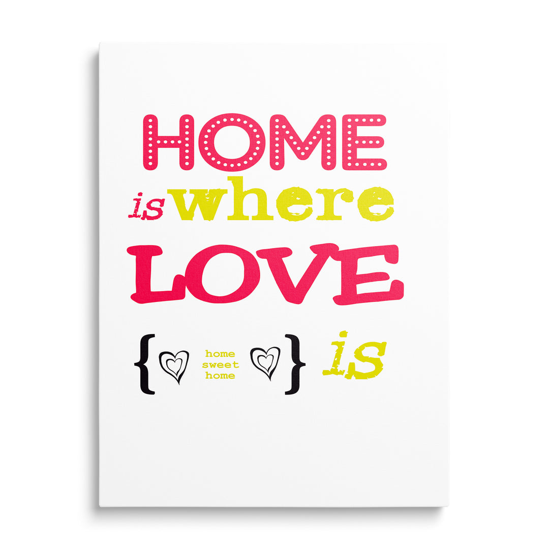 Růžový a žlutý nápis Home Is Where Love Is na bílém pozadí