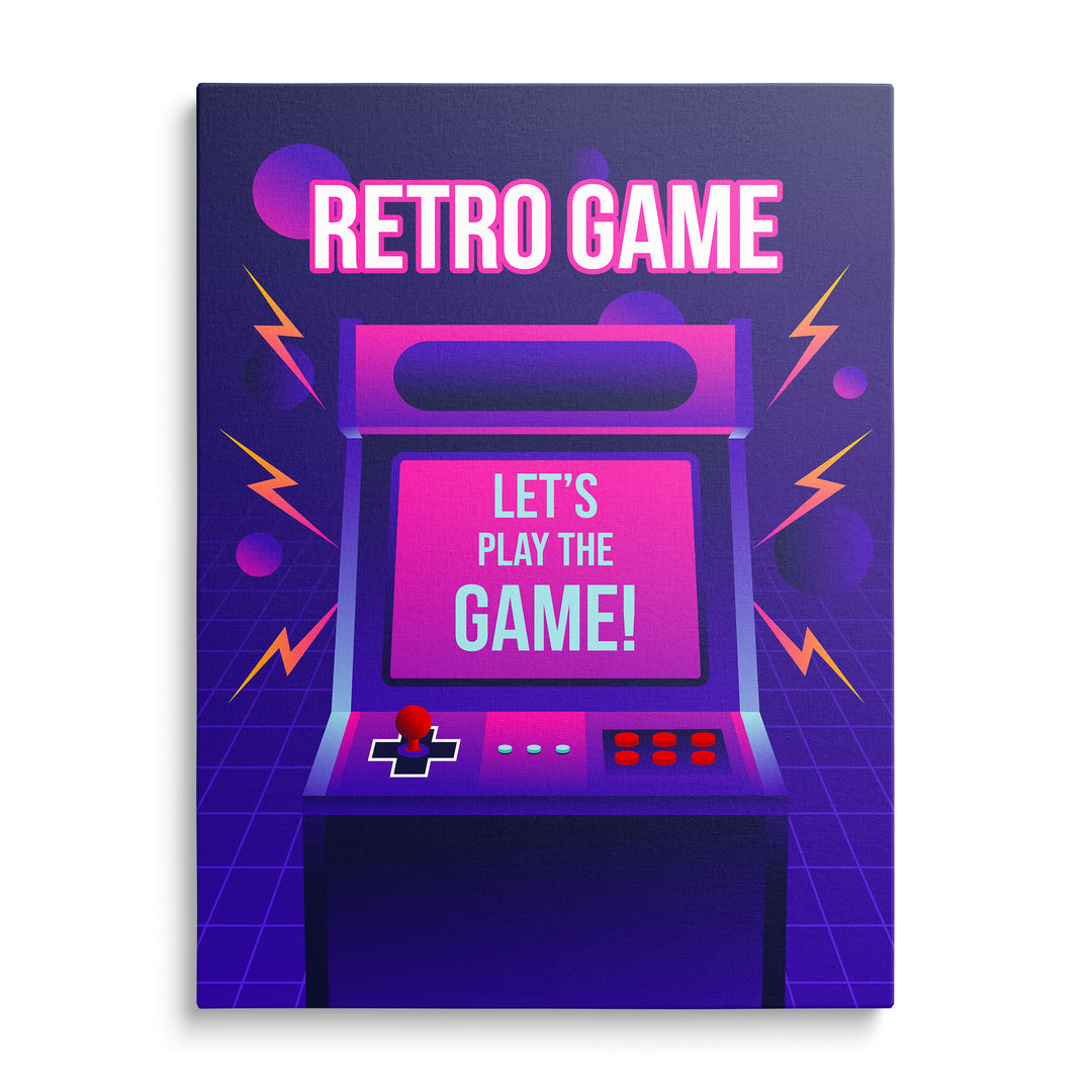 Fialový arkádový automat s růžovou obrazovkou a nápisem Retro Game