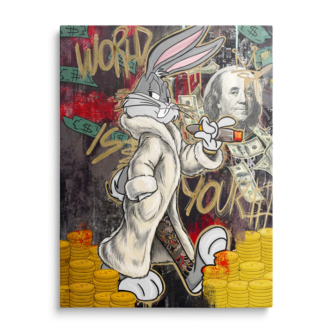 Bugs Bunny s doutníkem mezi bankovkami na tmavém graffiti pozadí