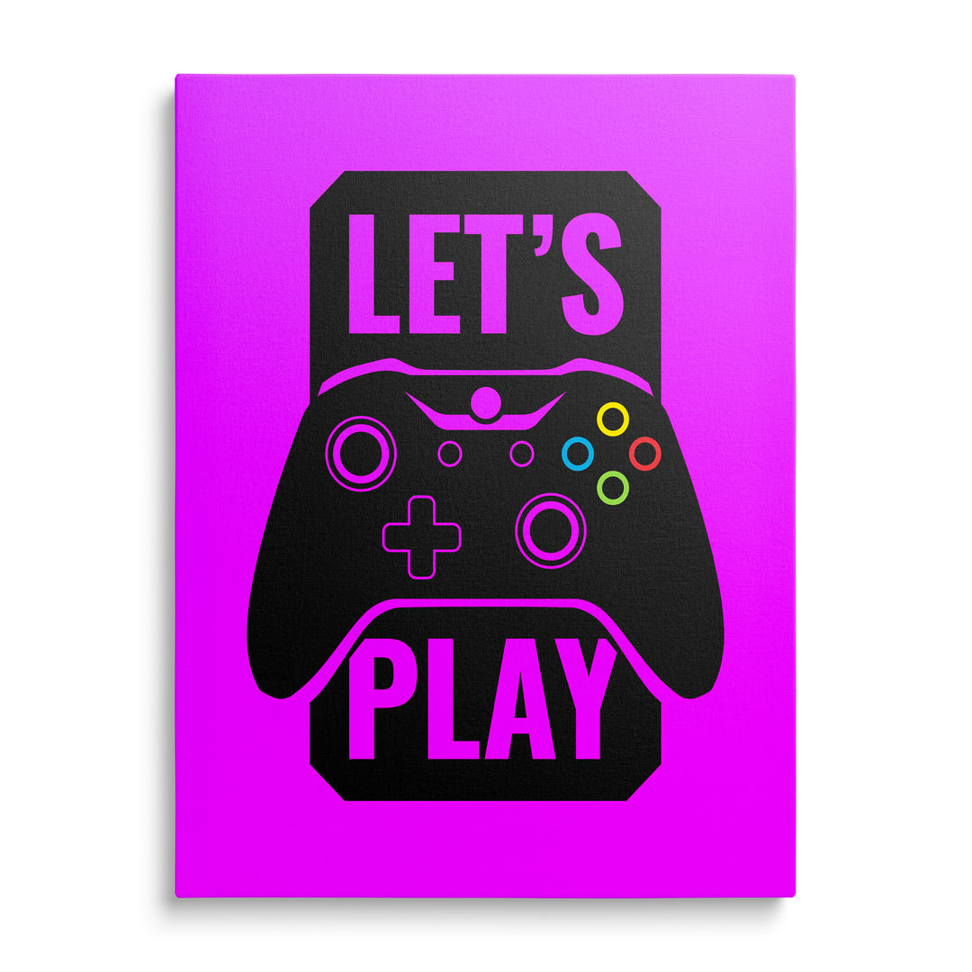 Černý ovladač s nápisem Let's Play na fialovém pozadí