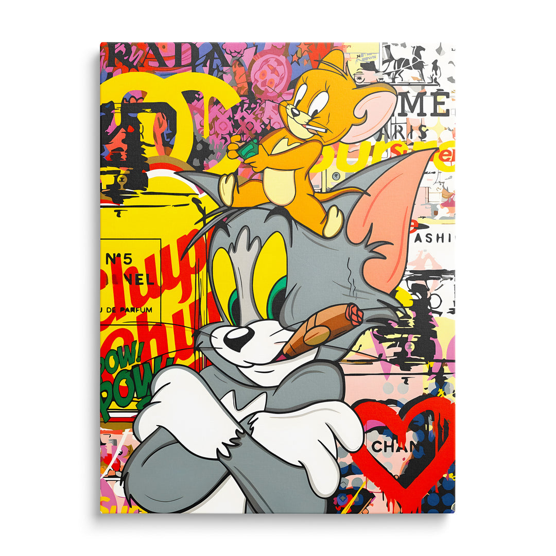 Tom s doutníkem a Jerry na jeho hlavě v barevné graffiti koláži