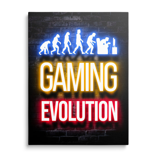Neonový nápis Gaming Evolution se siluetami vývoje člověka až k hráči