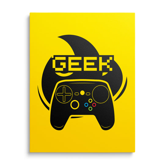 Černá stylizovaná tvář s ovladačem a nápisem Geek na žlutém pozadí